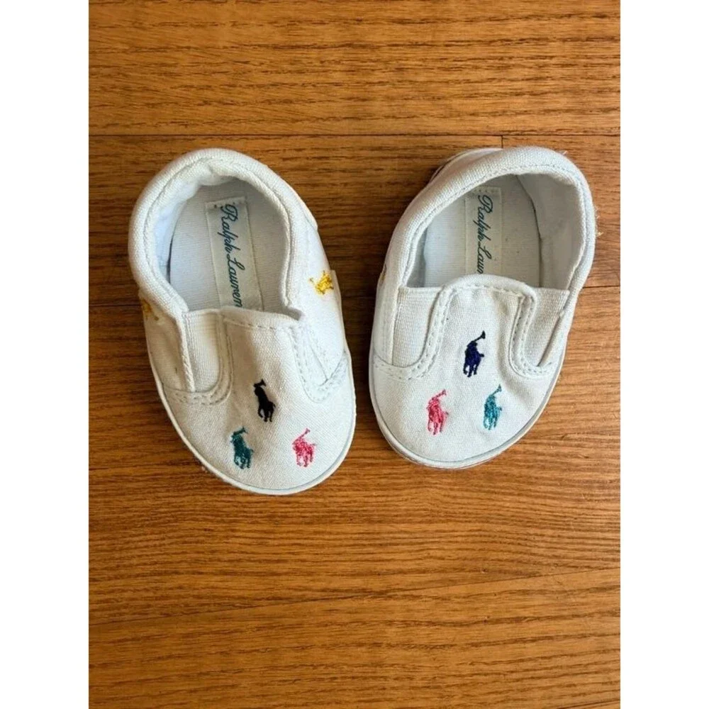 Polo Ralph Lauren Infant Baby Size 2 White Canvas Bal Harbour Multi Pony Slip On